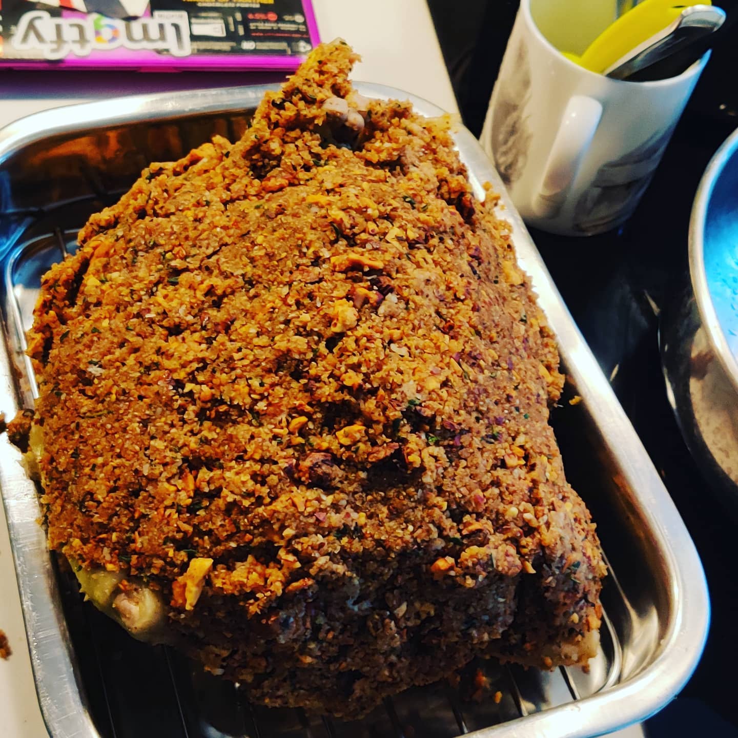 Today's "thing" is gonna be a Poached & Roasted chicken with almond & thyme crust and chargrilled cauliflower – another from @marcuswareing 's 2009 "Nutmeg & Custard". Can't say it looks like the one he made – this one's more like a Scotch Chicken. #verysubstantial