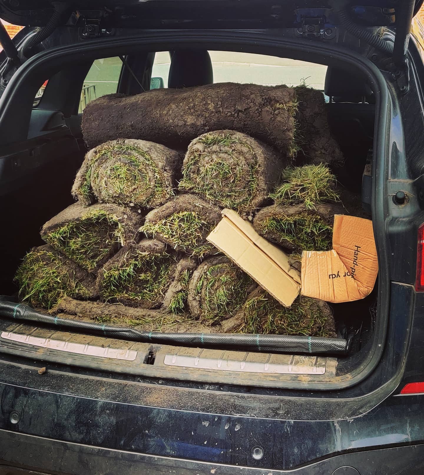 Can't begin to express what a relief it was not to get pulled over by the po-po on Sunday while rollin'round the manor in my SUV with a boot full of grass #supergreen #noweed #myhometurf #sod #etc