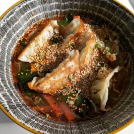 Cupboard/fridge-sweeping today produced a fairly passable lunch:VermicelliMiso pasteRayuTamariCarrot + Mangetout + Spring OnionGreen chilliSesame seedsChicken&veg gyozaIt's not legit ramen, but it wasn't bad!